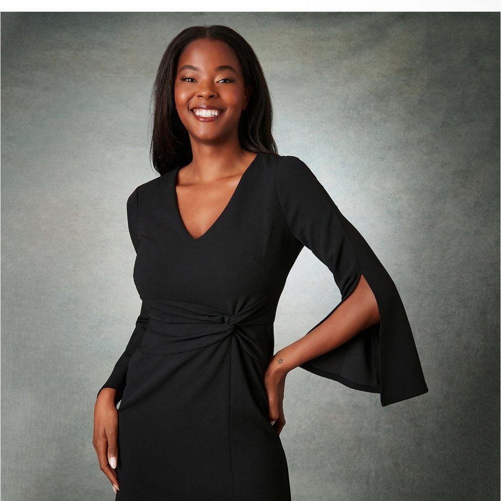 London Times Flare Sleeve V Neck Aide Twist Sheath Dress NWT Size 8